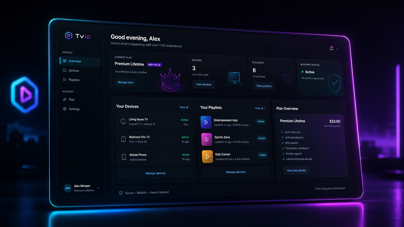 TViO companion dashboard showing devices, playlists and plan status
