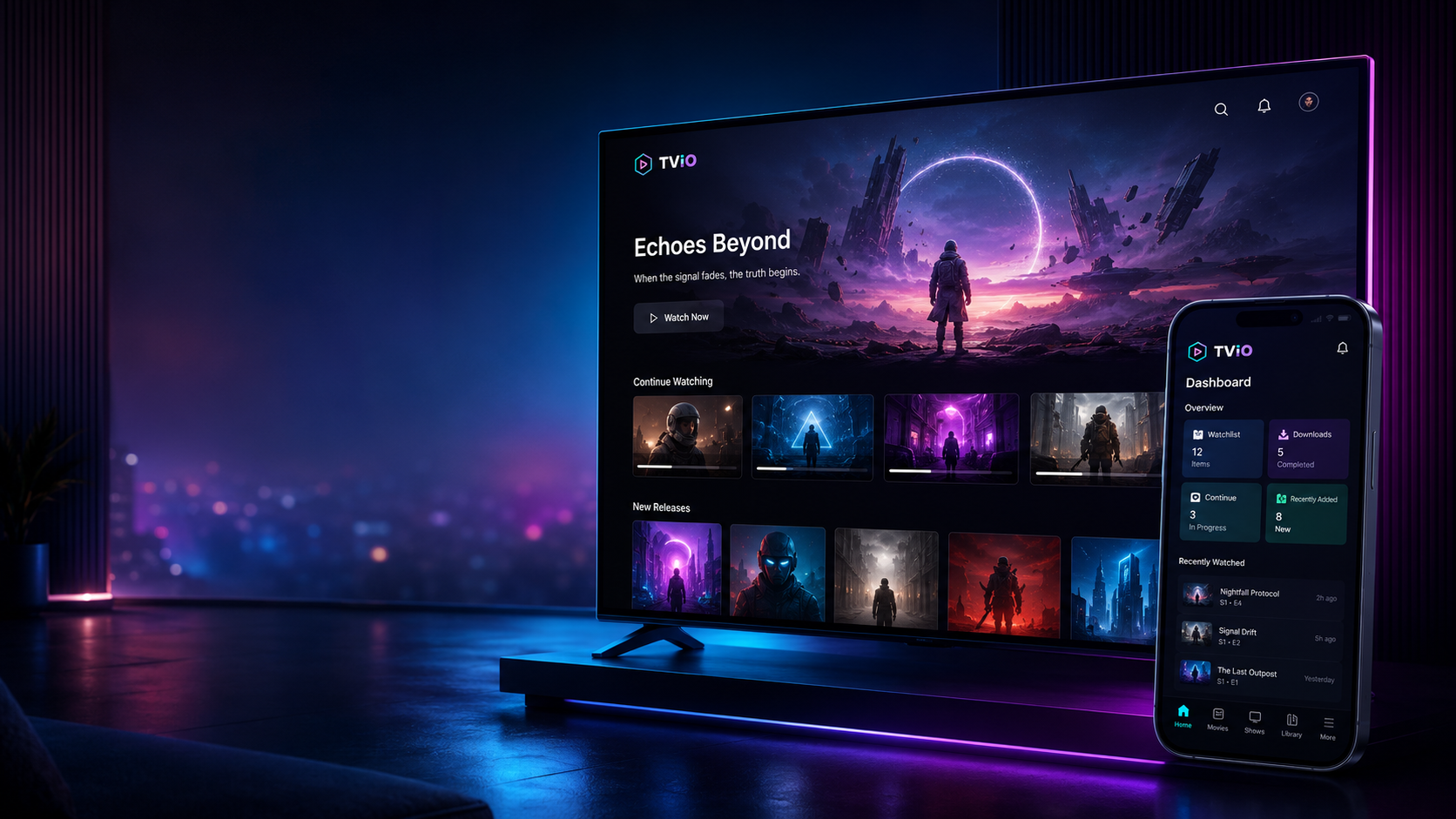 TViO media player running on a TV with the mobile companion app